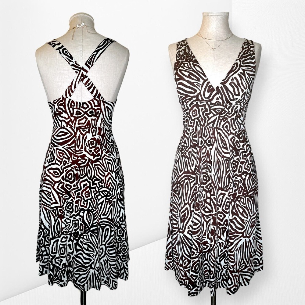 BANANA REPUBLIC Silk Blend Midi SunDress Abstract Criss Cross V-Neck Brown Small